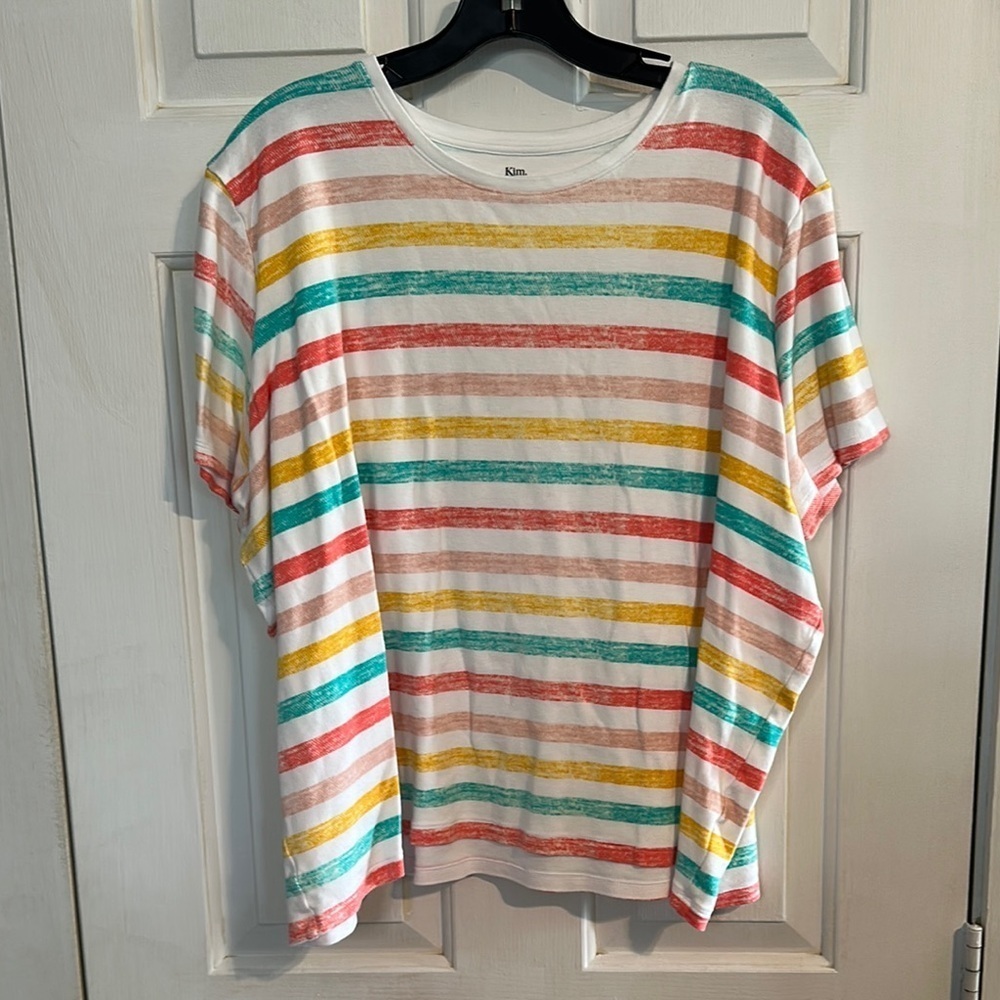Kim Rogers White Tee with Red, Teal & Yellow Stripes